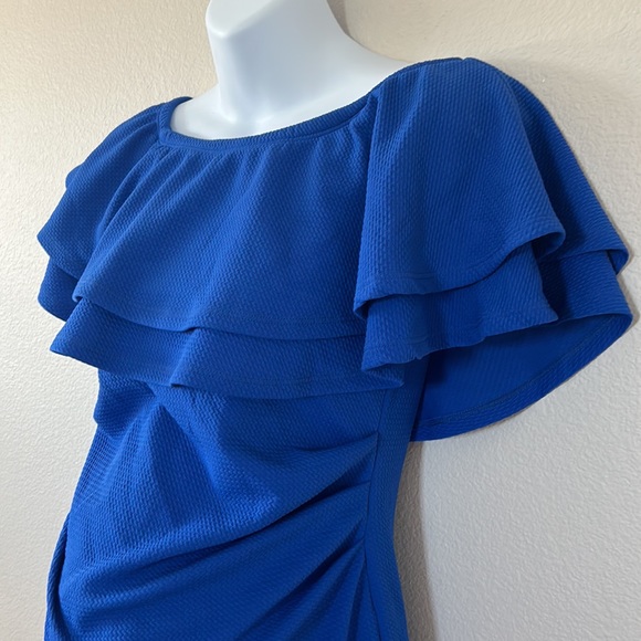 PinkBlush Cobalt Royal Blue Double Layer Ruffle Off Shoulder Maternity Dress - Picture 4 of 9
